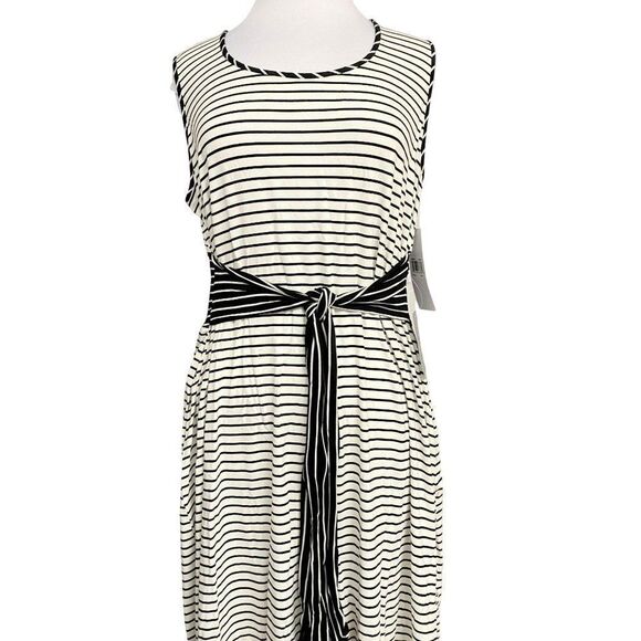 London Times Woman Black & White Nautical Stripe Tie Waist Tank Dress Sz 3X NEW - Picture 3 of 10
